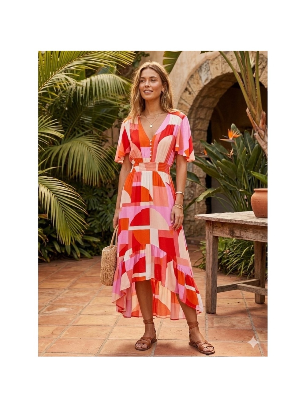 Abel the Label Pink Orange Geometric Abstract Smocked High Low Midi Dress XS